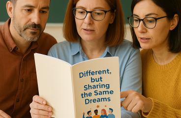 Tres personas adultas sentadas en una mesa miran juntas un cuaderno con la portada “Different, but Sharing the Same Dreams”, acompañada de ilustraciones de cuatro personas diversas levantando las manos.