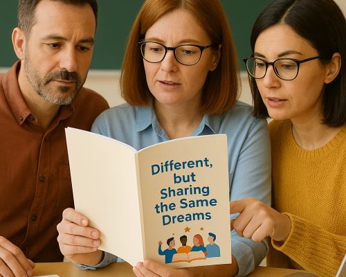 Tres personas adultas sentadas en una mesa miran juntas un cuaderno con la portada “Different, but Sharing the Same Dreams”, acompañada de ilustraciones de cuatro personas diversas levantando las manos.