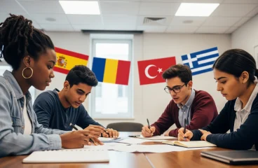 Un grupo de alumnos trabajan juntos alrededor de una mesa. Las banderas de los países socios del proyecto, cuelgan al fondo de la habitación.