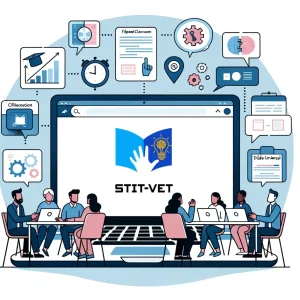 Un grupo de personas utilizan ordenadores en un aula. En el fondo un gran ordenador portátil presenta el logotipo del Proyecto STIT.
