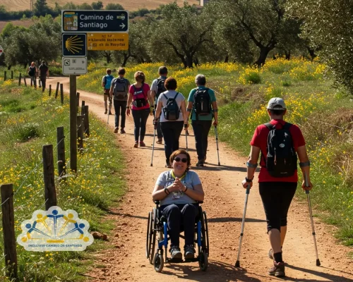 Peregrinos en un camino soleado. Una mujer en silla de ruedas posa sonriente frente a la cámara.